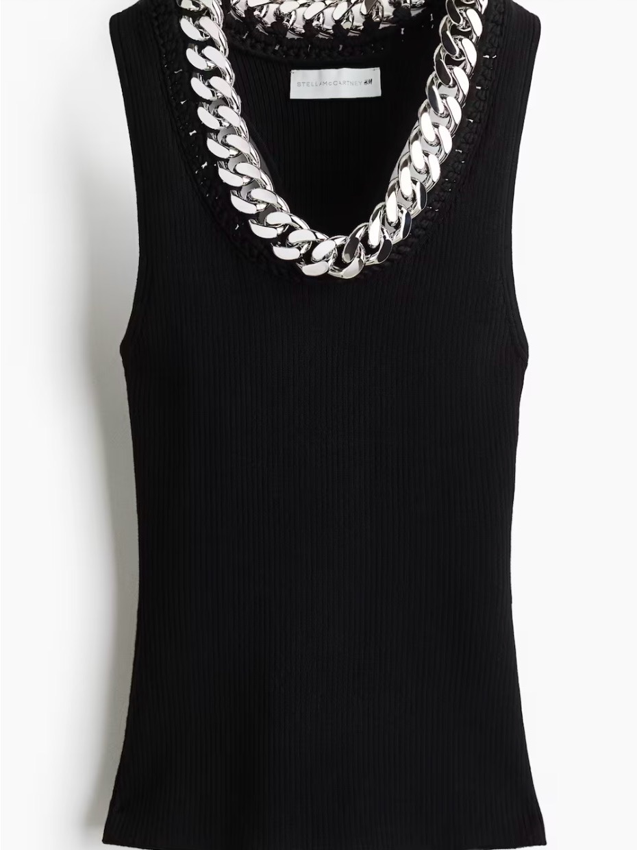 Stella Mccartney Black Ribbed Sleeveless Top With Chunky Silver Chain
